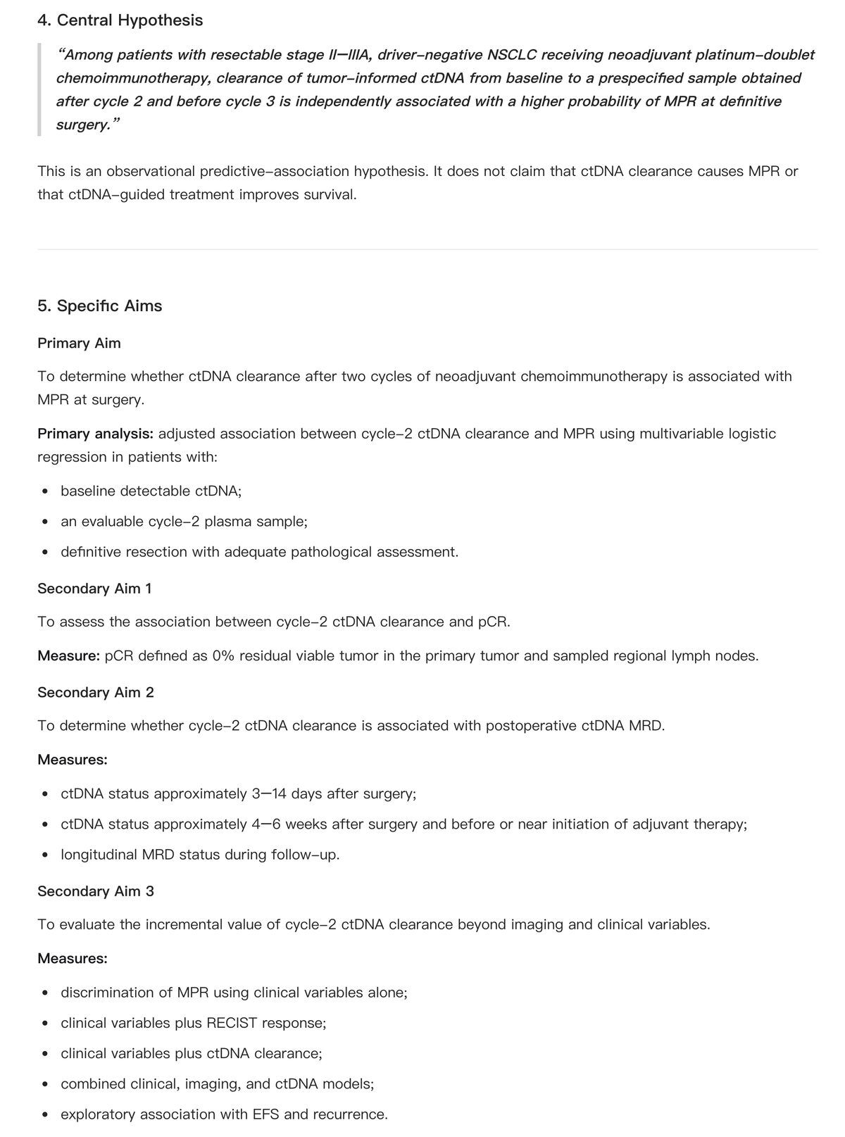 Noah AI central hypothesis and specific aims for a biomedical research proposal