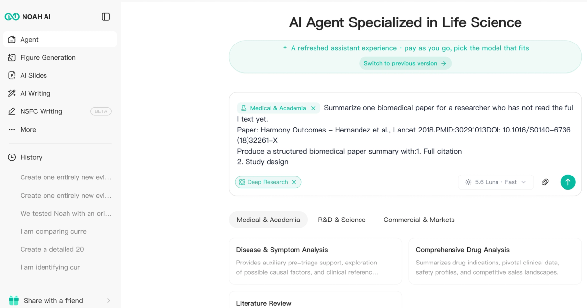Noah AI Agent prompt for a structured summary of Harmony Outcomes, naming the paper, PMID 30291013, and the requested structured fields.