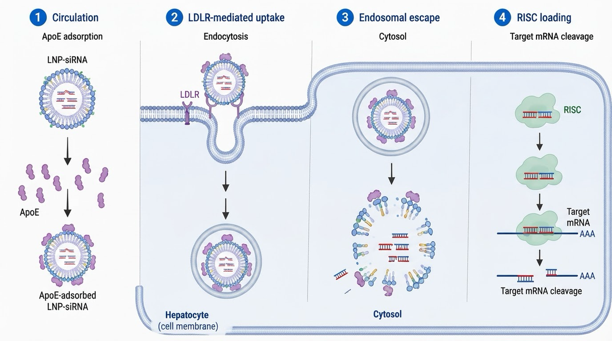 Final exported Noah figure: ApoE adsorption, LDLR-mediated uptake, endosomal escape, and RISC-mediated target-mRNA cleavage.
