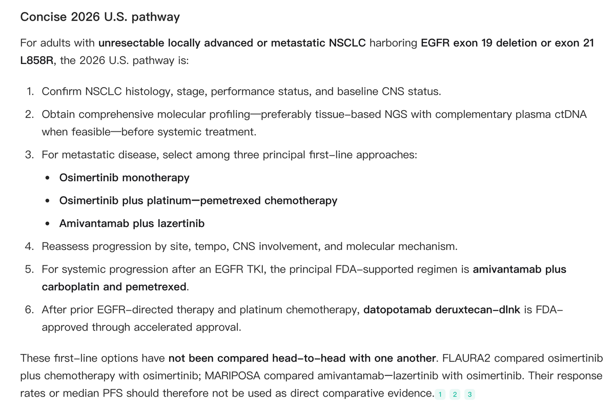 Noah AI summarizes the treatment pathway from diagnosis and molecular confirmation through first-line therapy, progression reassessment, post-EGFR-TKI treatment, and later-line therapy.