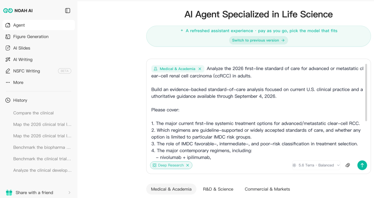 Noah AI's refreshed Agent interface used for a Medical & Academia standard-of-care analysis in advanced clear-cell RCC.