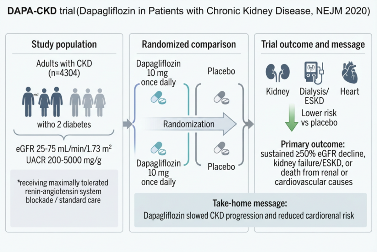 Noah AI graphical abstract draft summarizing the DAPA-CKD study population, randomized comparison, outcomes, and take-home message.