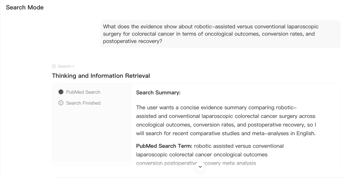 Figure 1. Noah AI processing a natural-language question on robotic versus laparoscopic colorectal surgery and generating a focused PubMed search term.