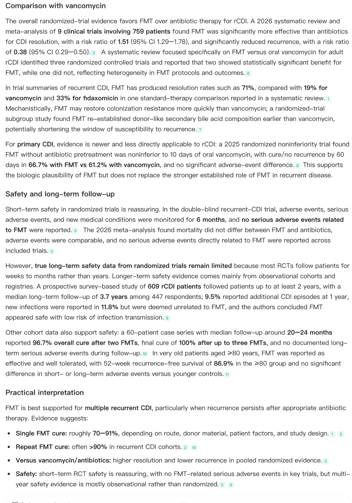 Figure 1. Noah AI evidence brief on FMT for recurrent C. difficile infection, showing cited findings on FMT versus vancomycin, recurrence, and safety.