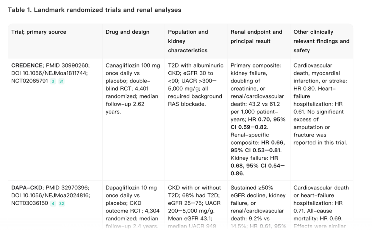 Noah AI structured evidence table with randomized CKD trials and source identifiers