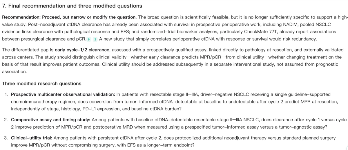 Noah AI final recommendation refining a biomedical research question into three more feasible study questions