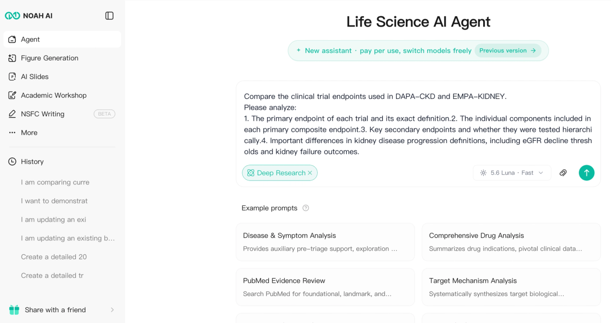A clinical trial endpoint comparison prompt entered into Noah AI using DAPA-CKD and EMPA-KIDNEY as the test case.