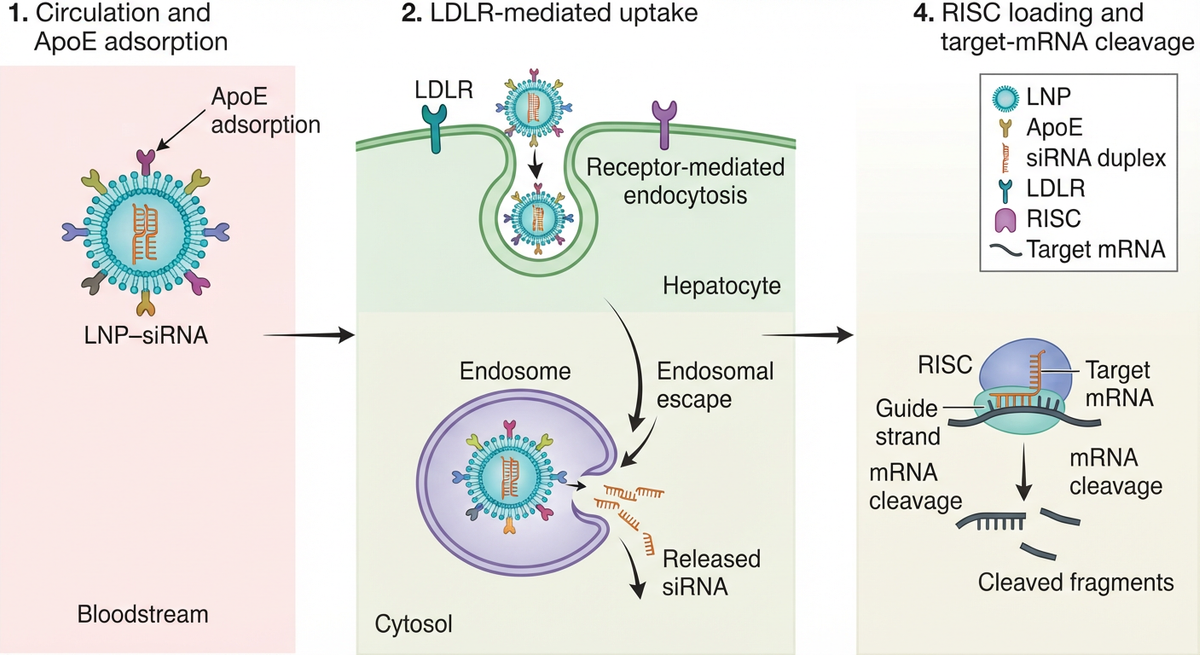 Rough original reference image showing LNP-mediated siRNA delivery to a hepatocyte, with basic shapes and a simple layout.
