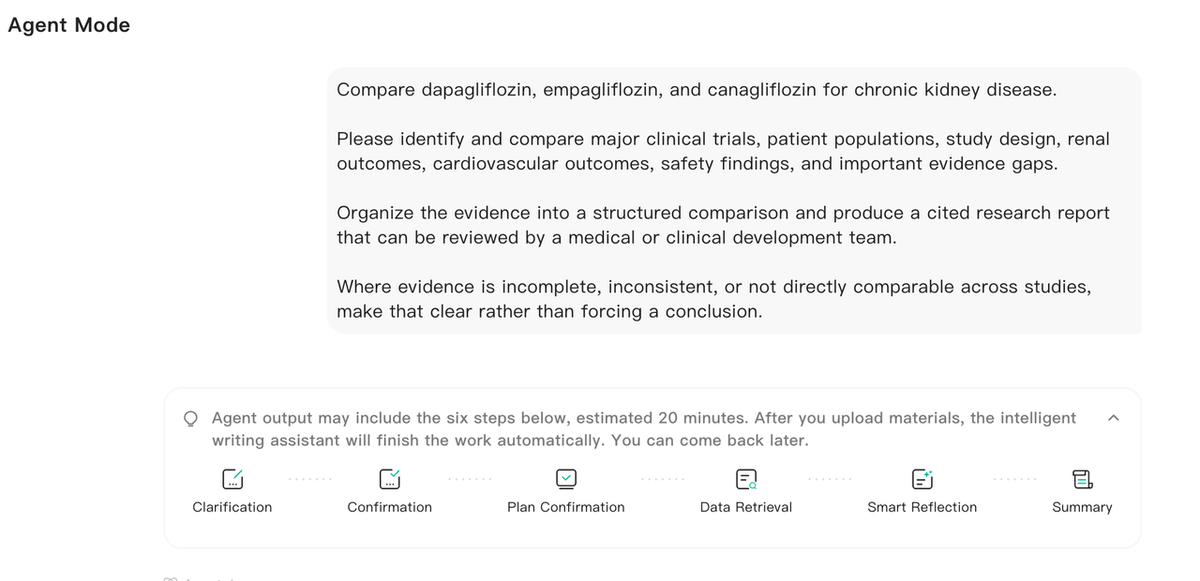 Noah AI Agent Mode research workflow for comparing SGLT2 inhibitors in chronic kidney disease