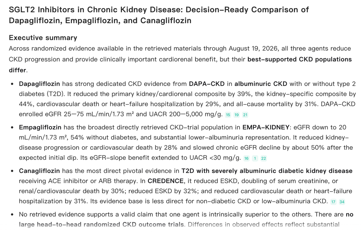 Noah AI decision-ready research brief comparing SGLT2 inhibitors in chronic kidney disease
