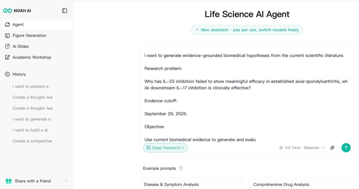 The Noah AI workflow starts from a defined biological paradox rather than asking for generic hypothesis brainstorming.