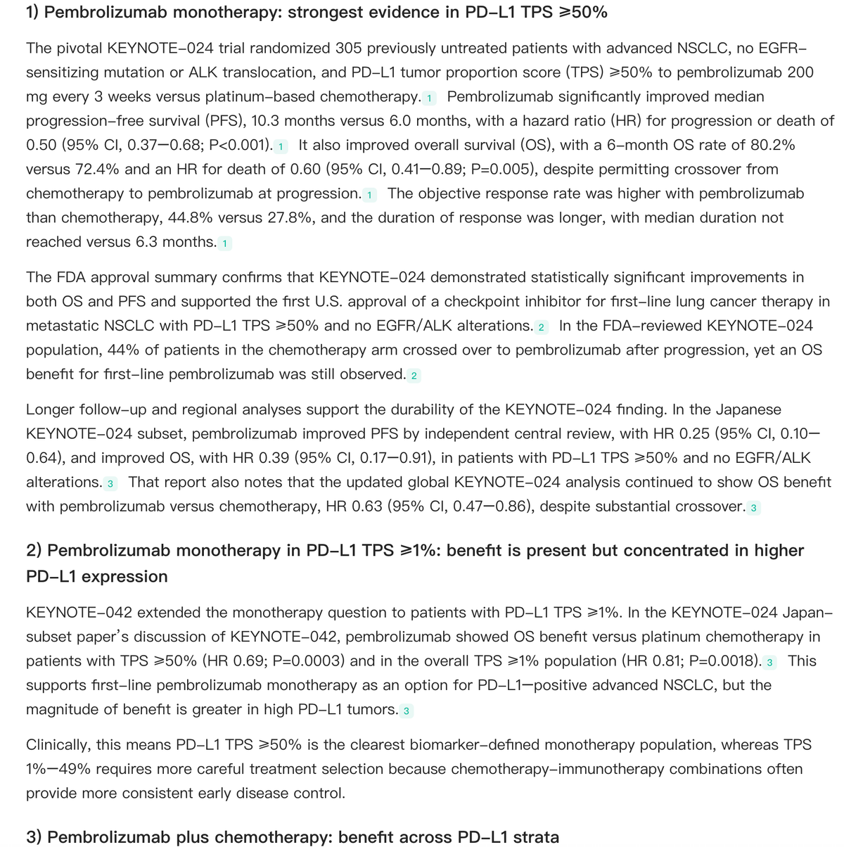 Figure 1. Noah AI evidence brief on first-line pembrolizumab for NSCLC, showing KEYNOTE-024 and KEYNOTE-042 findings with inline citations and PD-L1 biomarker context.