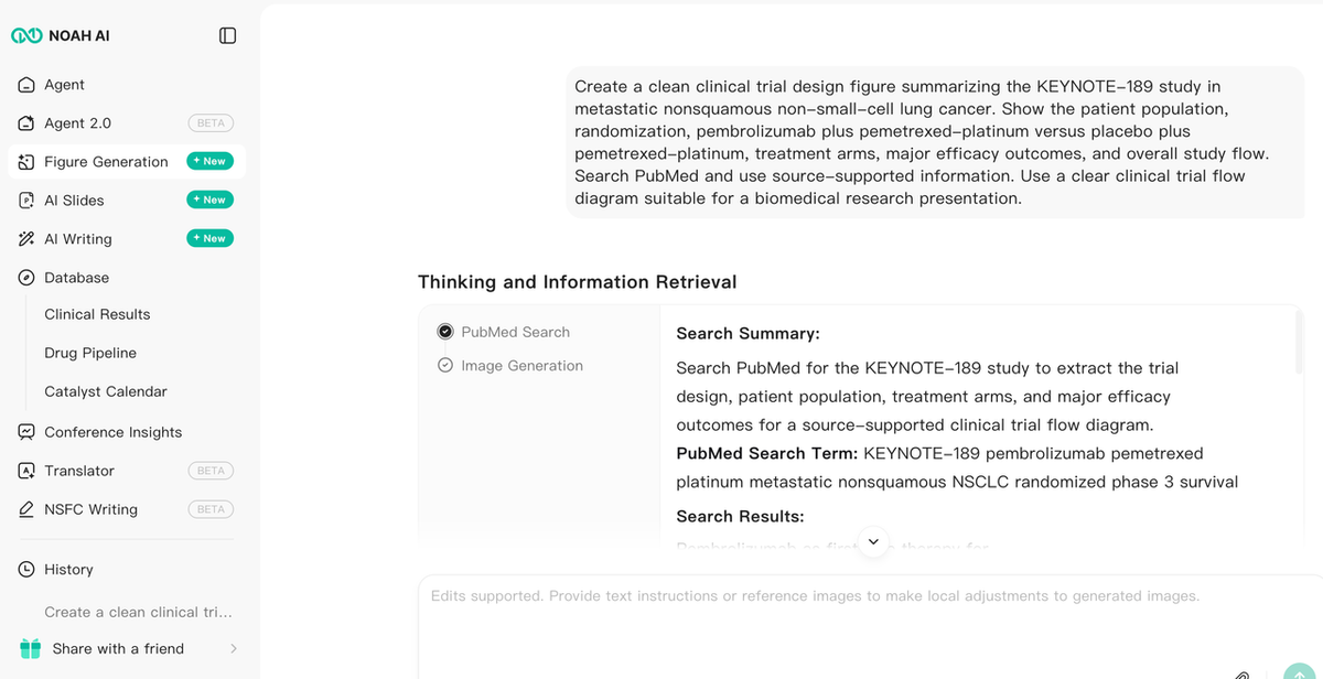 Noah AI retrieving PubMed evidence before generating a KEYNOTE-189 clinical trial design figure