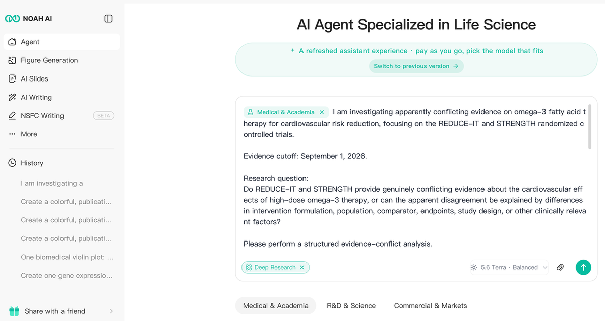 Noah AI Deep Research prompt for identifying conflicting evidence in medical literature