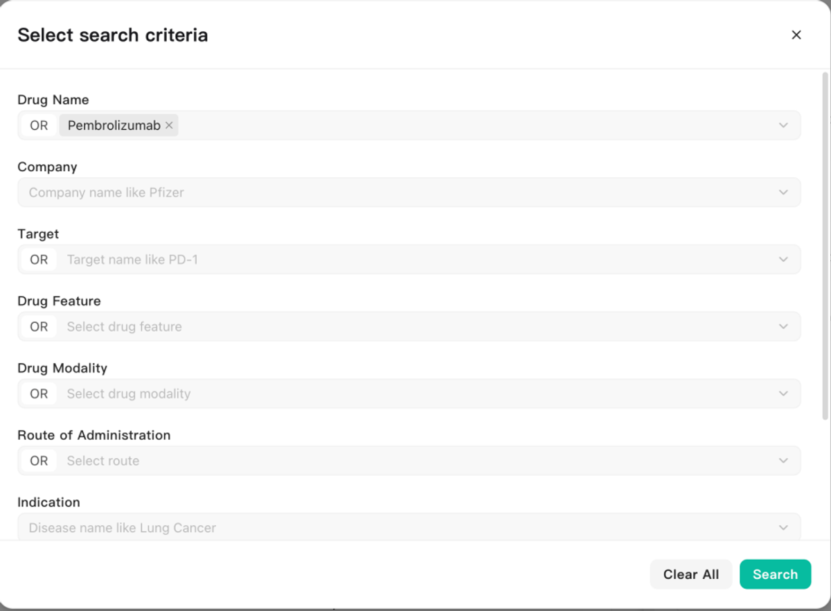 Noah AI Drug Pipeline search interface for filtering pipeline assets by drug name