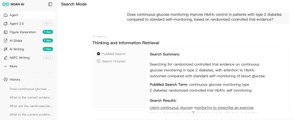 Noah AI Search Mode interface translating a natural-language CGM research question into a focused PubMed search term.