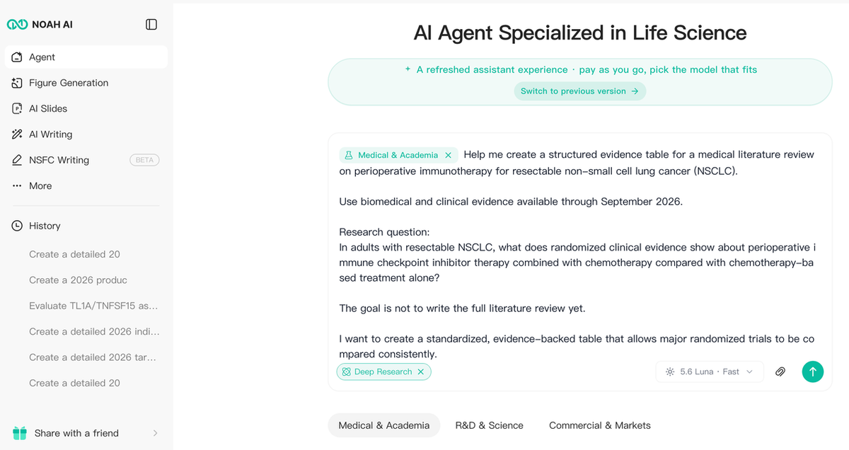 Noah AI prompt for creating a structured evidence table for a medical literature review