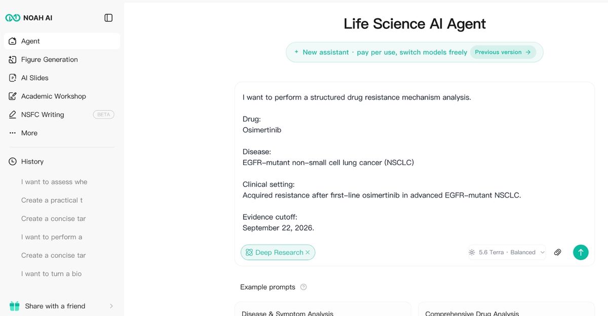 Noah AI Deep Research prompt for analyzing acquired osimertinib resistance mechanisms in EGFR-mutant NSCLC.