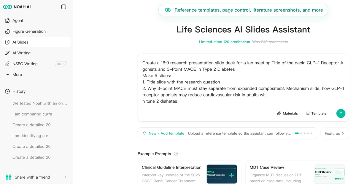 Noah AI Slides prompt requesting a five-slide 16:9 lab-meeting deck on GLP-1 receptor agonists and 3-point MACE in type 2 diabetes.