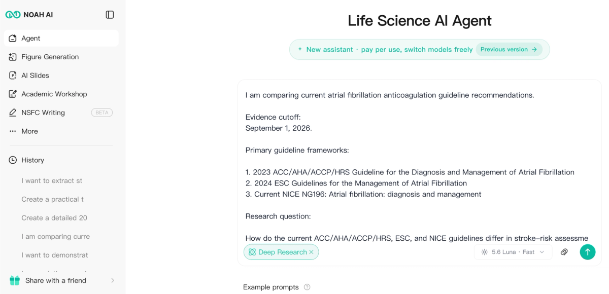 Noah AI Deep Research prompt comparing ACC AHA ACCP HRS ESC and NICE atrial fibrillation anticoagulation guidelines.