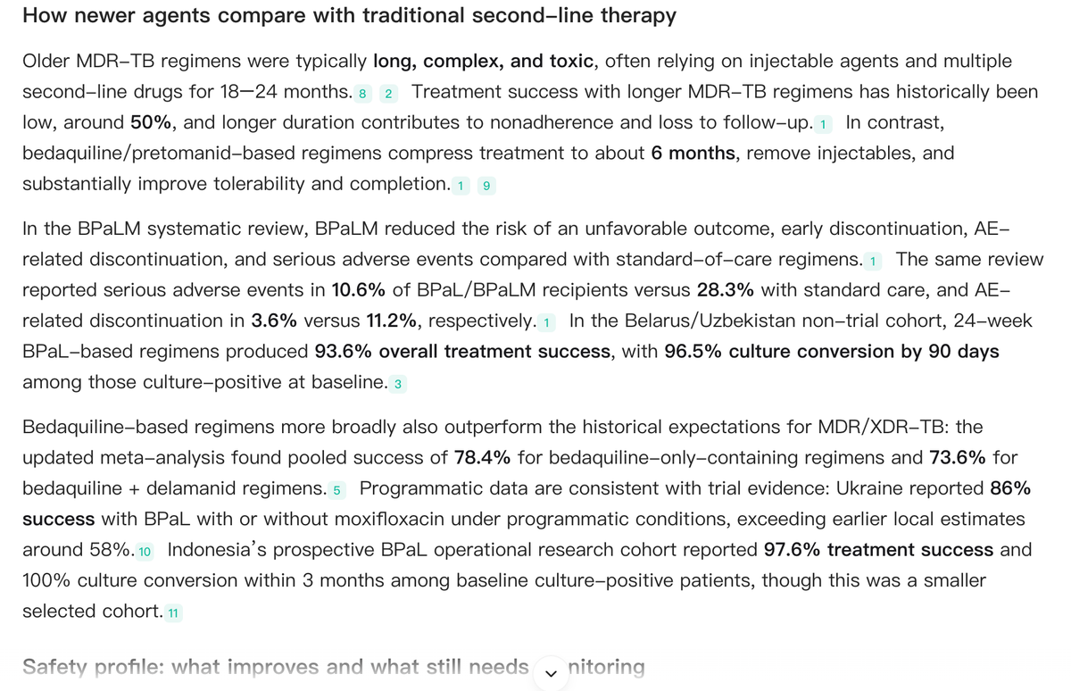 Side-by-side comparison left panel: Noah AI synthesized evidence for the MDR-TB query.