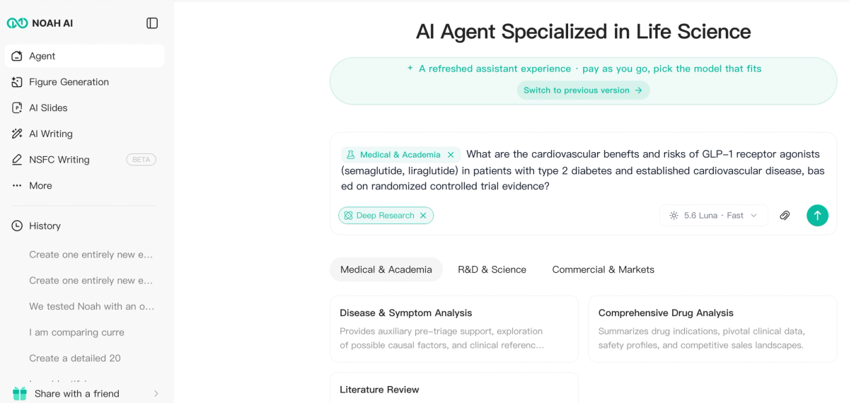 Noah AI navigation showing the path Agent to Search to PubMed Search with the GLP-1 cardiovascular research question ready to submit.