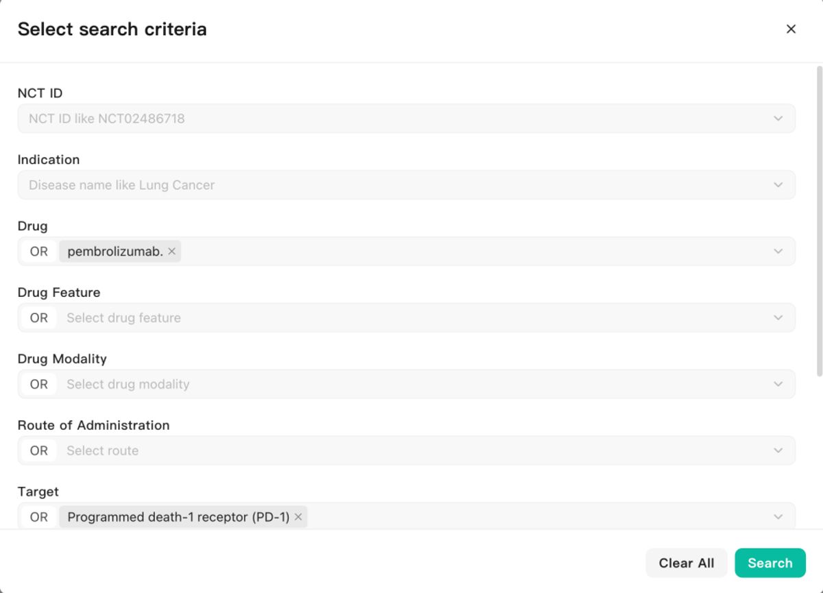 Noah AI Clinical Results search criteria for filtering clinical trial result data by drug and target