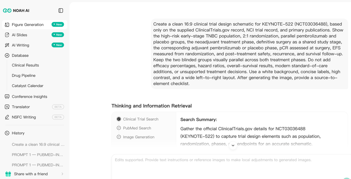 A complete KEYNOTE-522 clinical trial design prompt submitted to Noah AI.