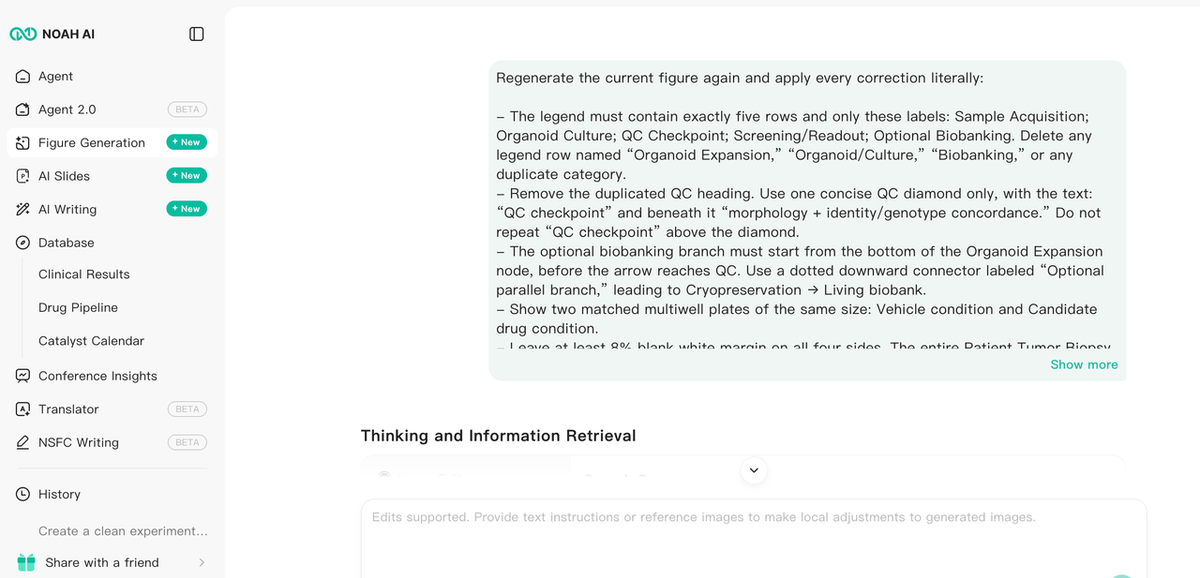 The Noah case begins with a specific experimental deliverable and retrieves biomedical context before figure generation.