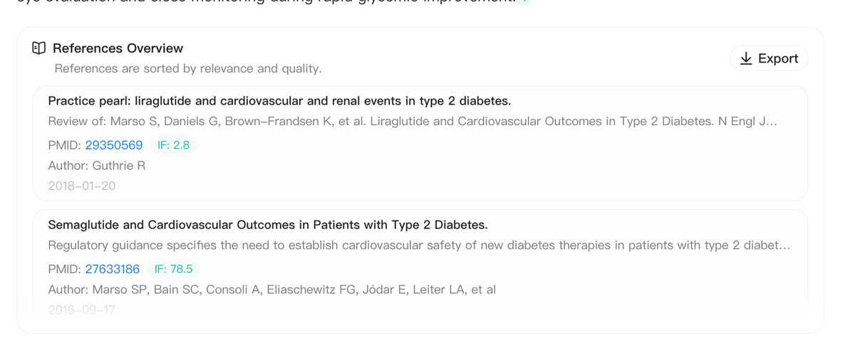 Noah AI References Overview showing source papers and PMIDs used in the GLP-1 cardiovascular evidence summary.