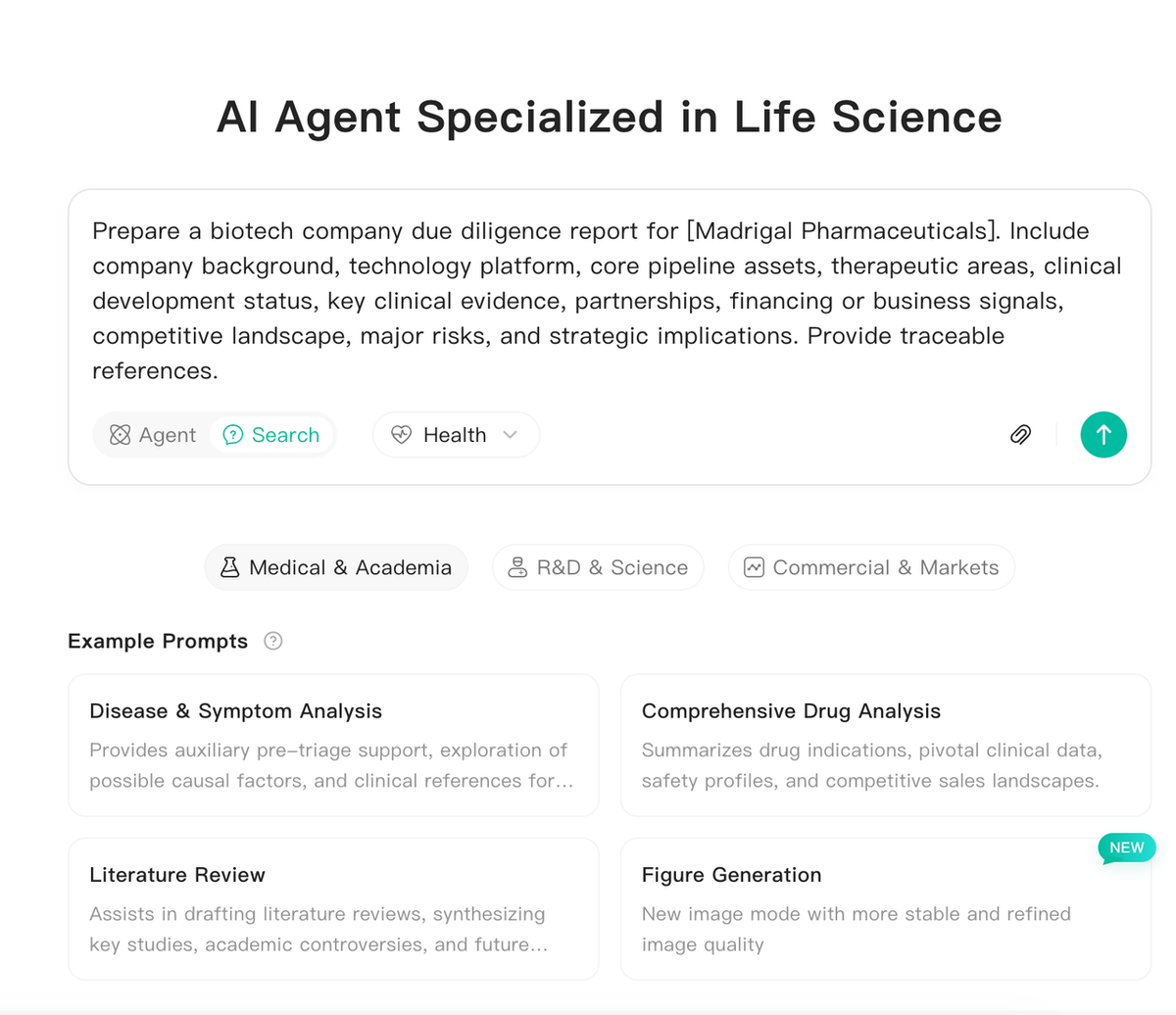 Noah AI Agent Mode prompt for preparing a biotech company due diligence report