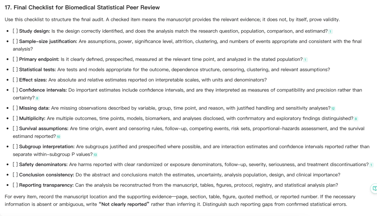 Final biomedical statistical peer review checklist covering study design, sample size, endpoints, statistical tests, effect sizes, confidence intervals, missing data, multiplicity, and additional review domains.