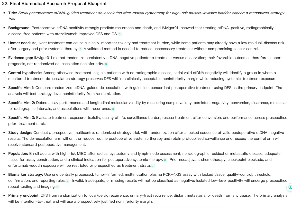Noah AI converts the case into a proposal blueprint linking the evidence gap, central hypothesis, aims, study design, biomarker strategy, and primary endpoint.