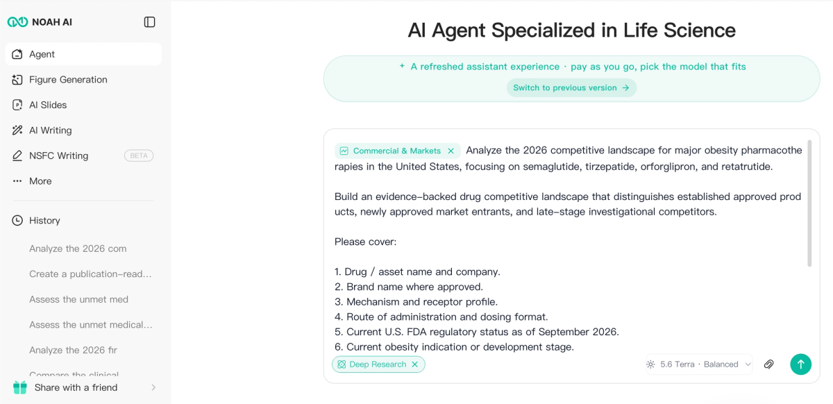 A Drug Competitive Landscape Analysis task entered into Noah AI's refreshed Agent workflow.