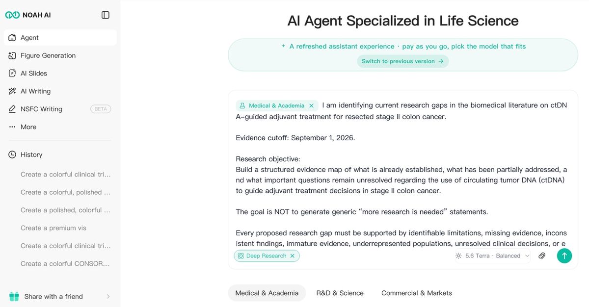 Noah AI Deep Research prompt for finding research gaps in biomedical literature.