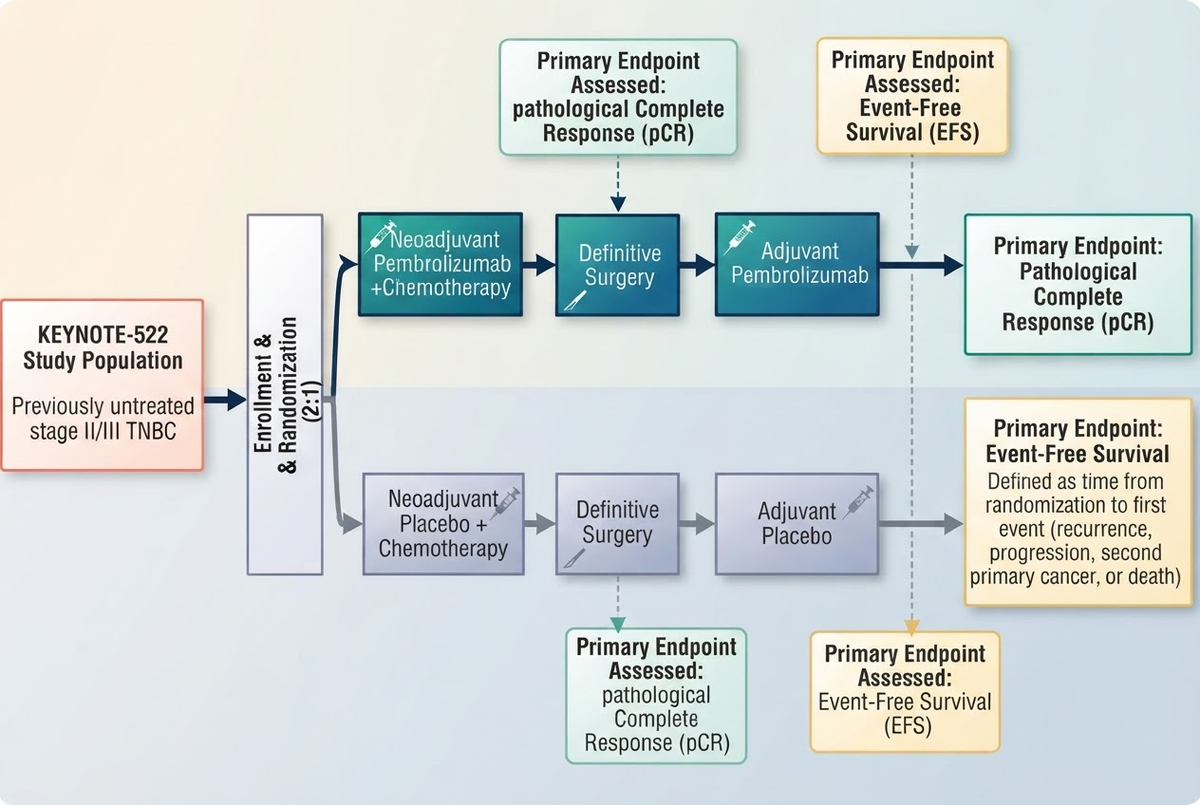 Noah AI generated KEYNOTE-522 clinical trial design figure showing randomization treatment phases surgery and primary endpoints