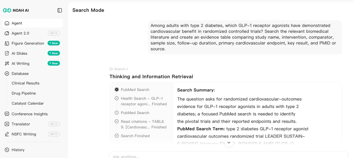 Noah AI retrieving PubMed literature before generating an evidence table