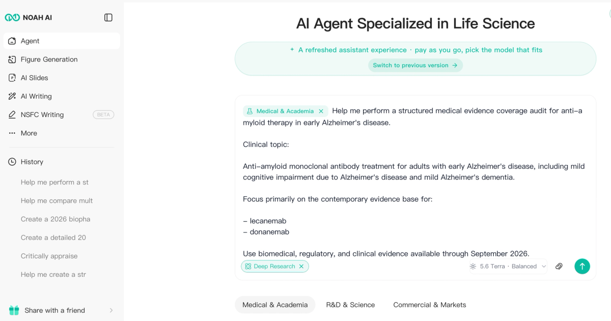 Noah AI Deep Research prompt used to perform a structured evidence coverage audit for anti-amyloid therapy.