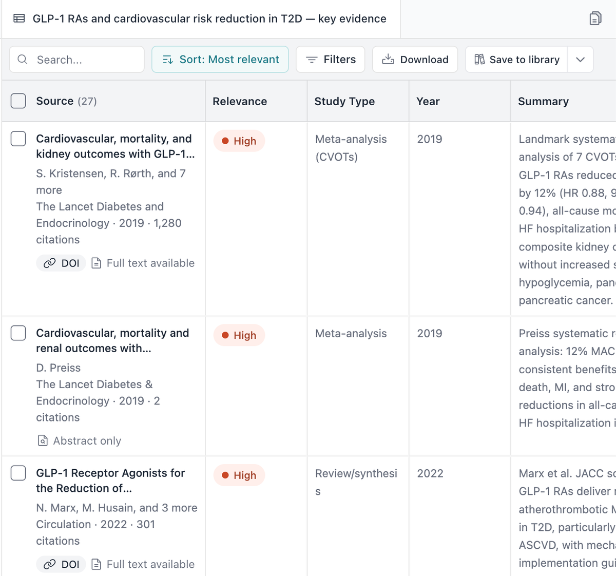 Elicit presents relevant papers in a table format for literature screening and extraction