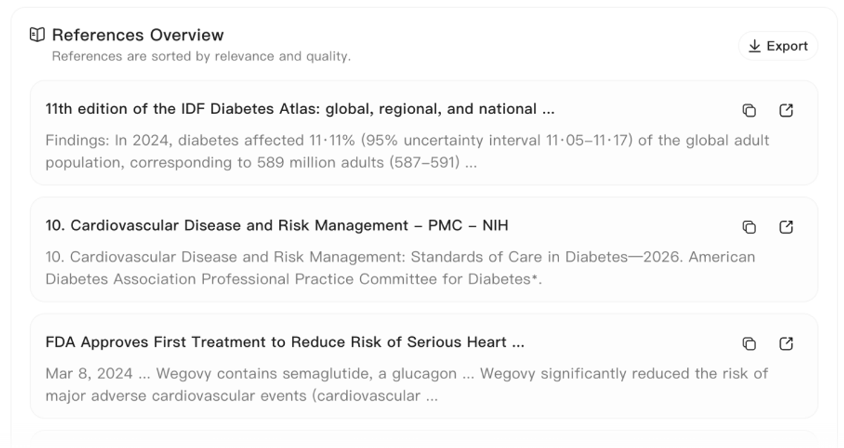 Noah AI references overview showing traceable sources for a disease landscape report