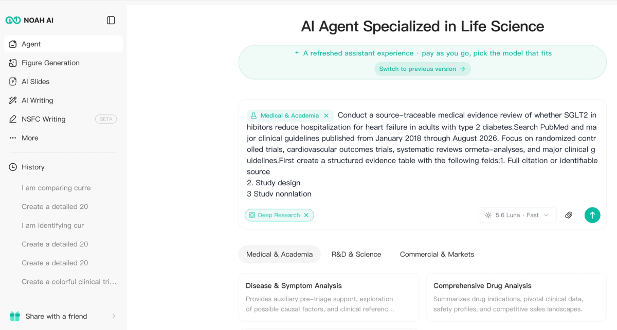 Noah AI Agent prompt requesting a source-traceable medical evidence review of SGLT2 inhibitors and heart-failure hospitalization in adults with type 2 diabetes.