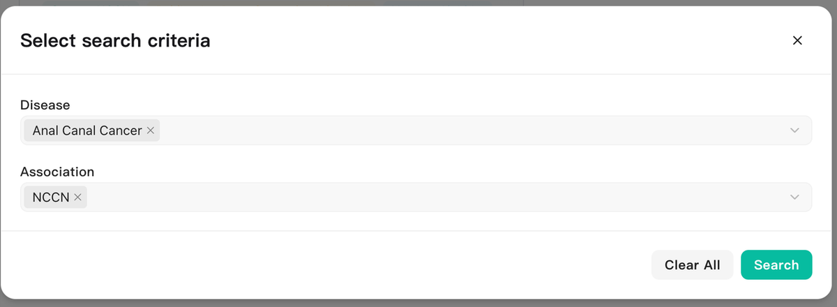 Noah AI Clinical Guidance search criteria filtered by disease and association