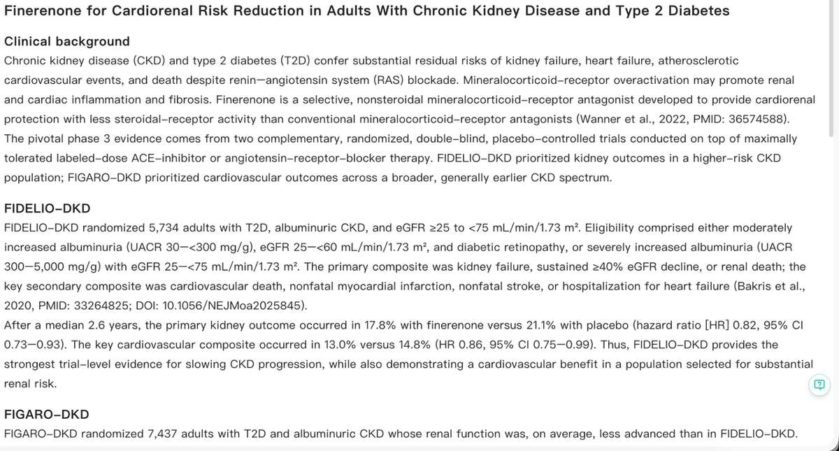 Noah AI evidence-grounded research draft on finerenone in CKD and type 2 diabetes