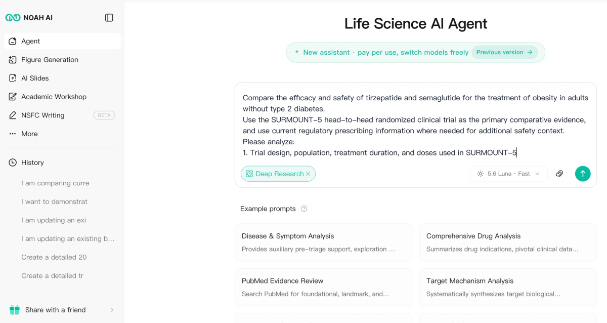 A head-to-head drug efficacy and safety comparison prompt entered into Noah AI using the SURMOUNT-5 trial.