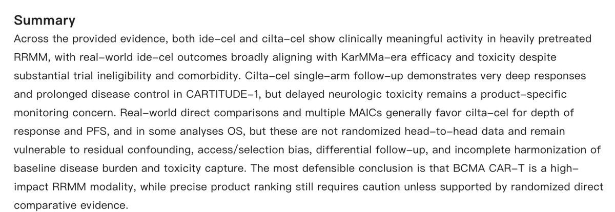 Noah AI produces a final literature-review summary that synthesizes ide-cel and cilta-cel evidence while explicitly preserving cross-study limitations.