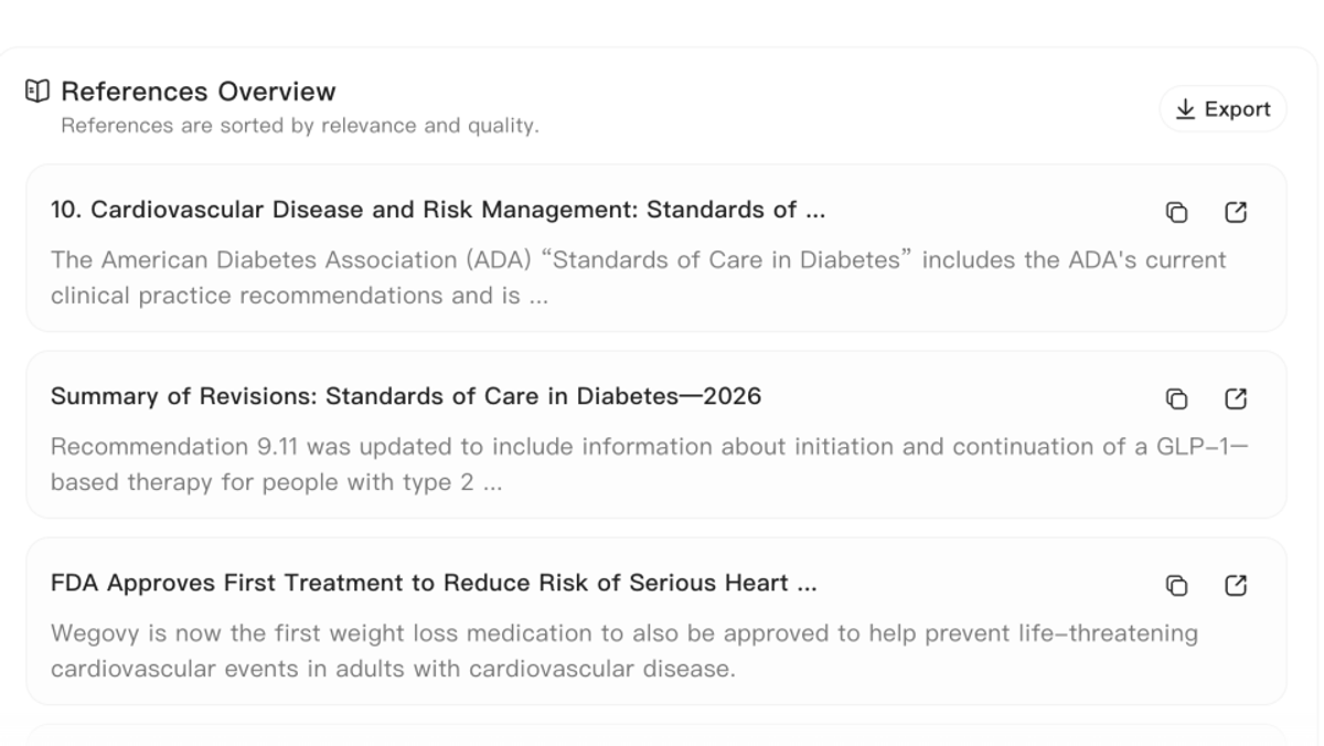 Noah AI References Overview showing traceable biomedical sources for Medical Affairs briefing