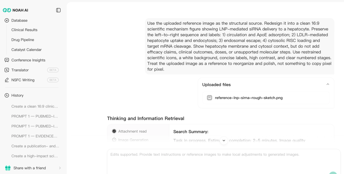 Noah AI interface showing the uploaded source image and a single consolidated editing brief defining scientific and visual constraints.