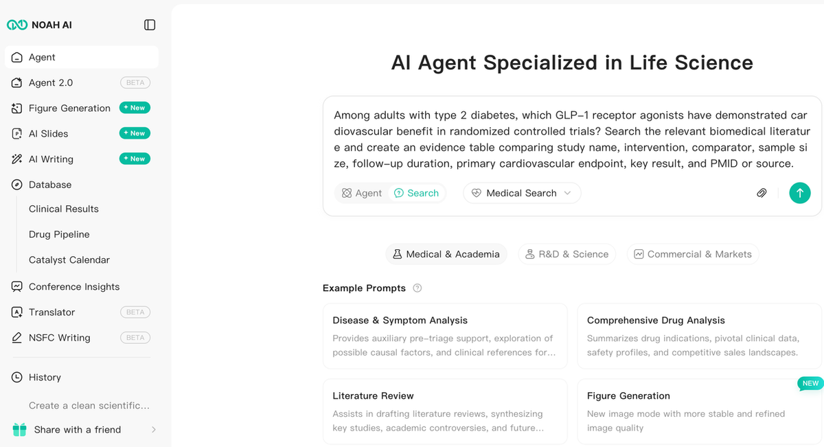 Research question entered into Noah AI for creating a biomedical evidence table