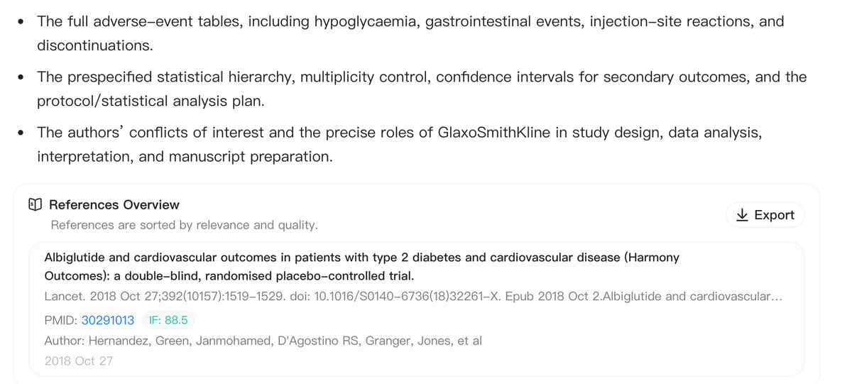 Noah AI Agent output ending on a source card with the Harmony Outcomes trial title, Lancet citation, DOI, and PMID 30291013.