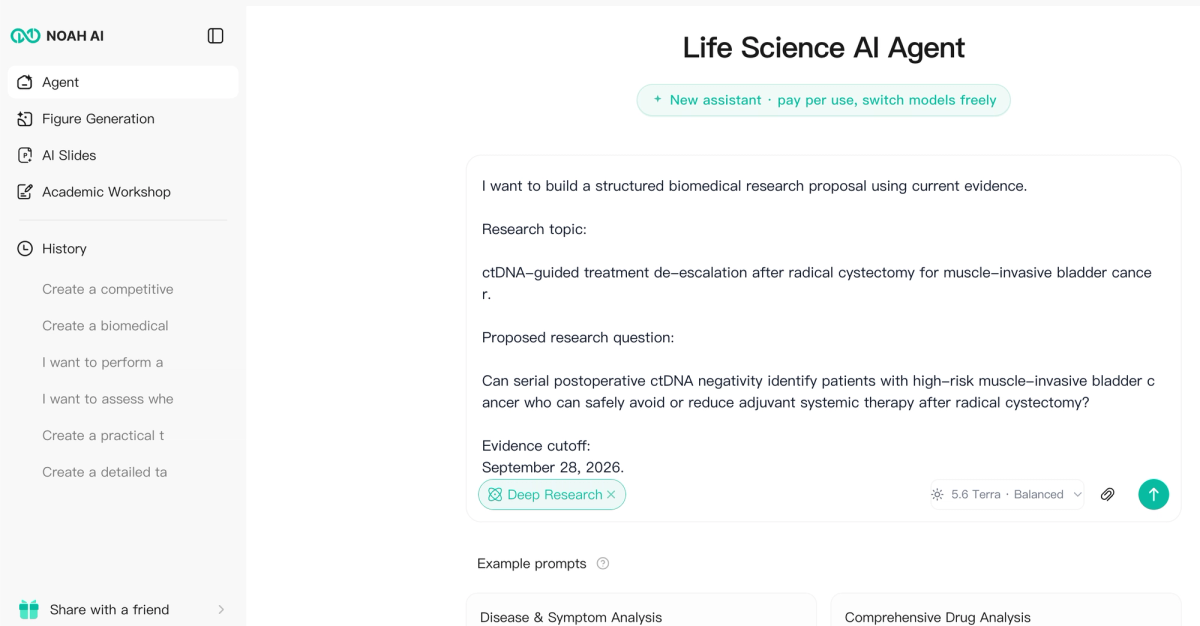 The Noah AI prompt defines the research topic, proposed question, evidence cutoff, and Deep Research workflow before proposal development begins.